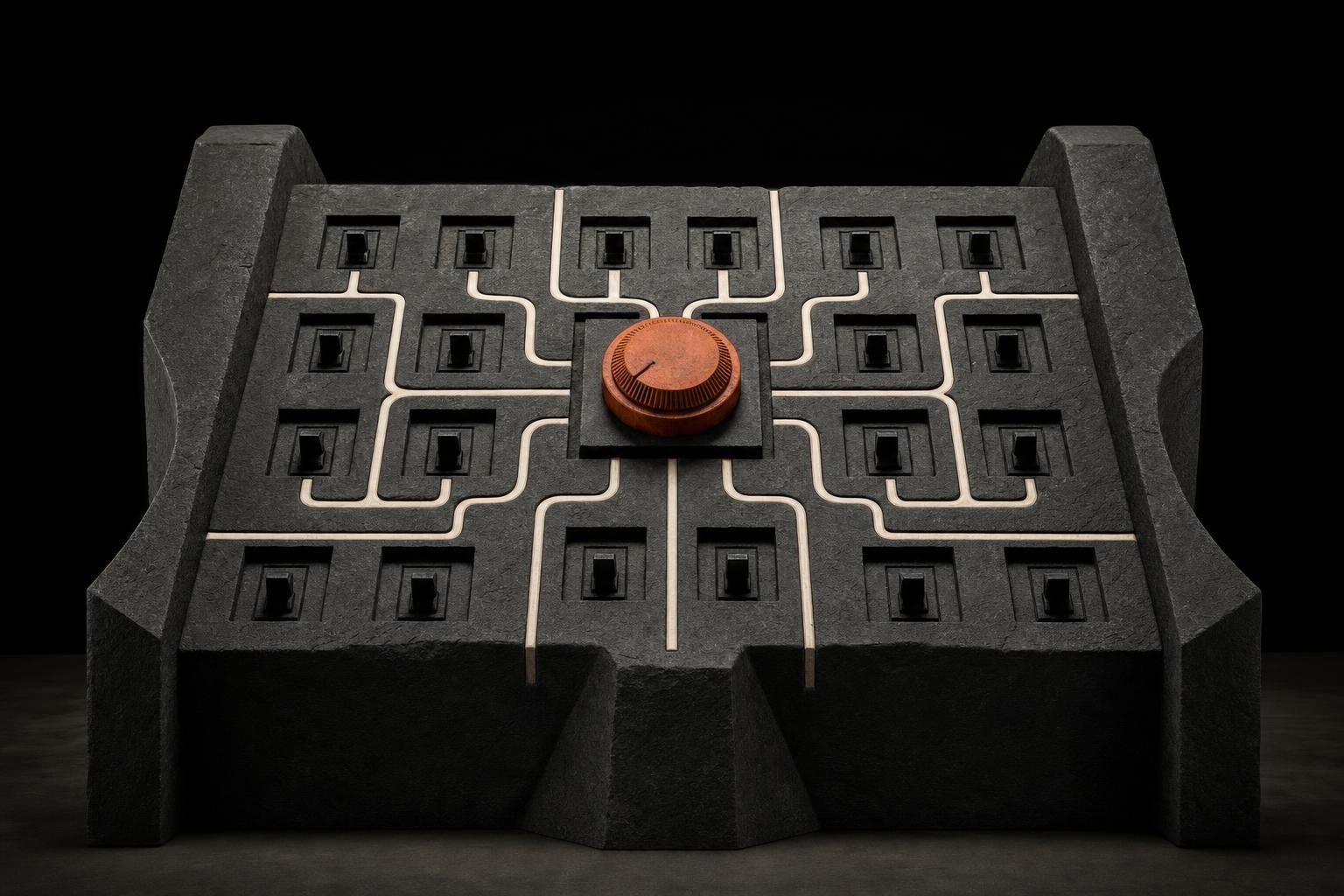 Brutalist circuit-board monolith routing to a central orange dial, on charcoal