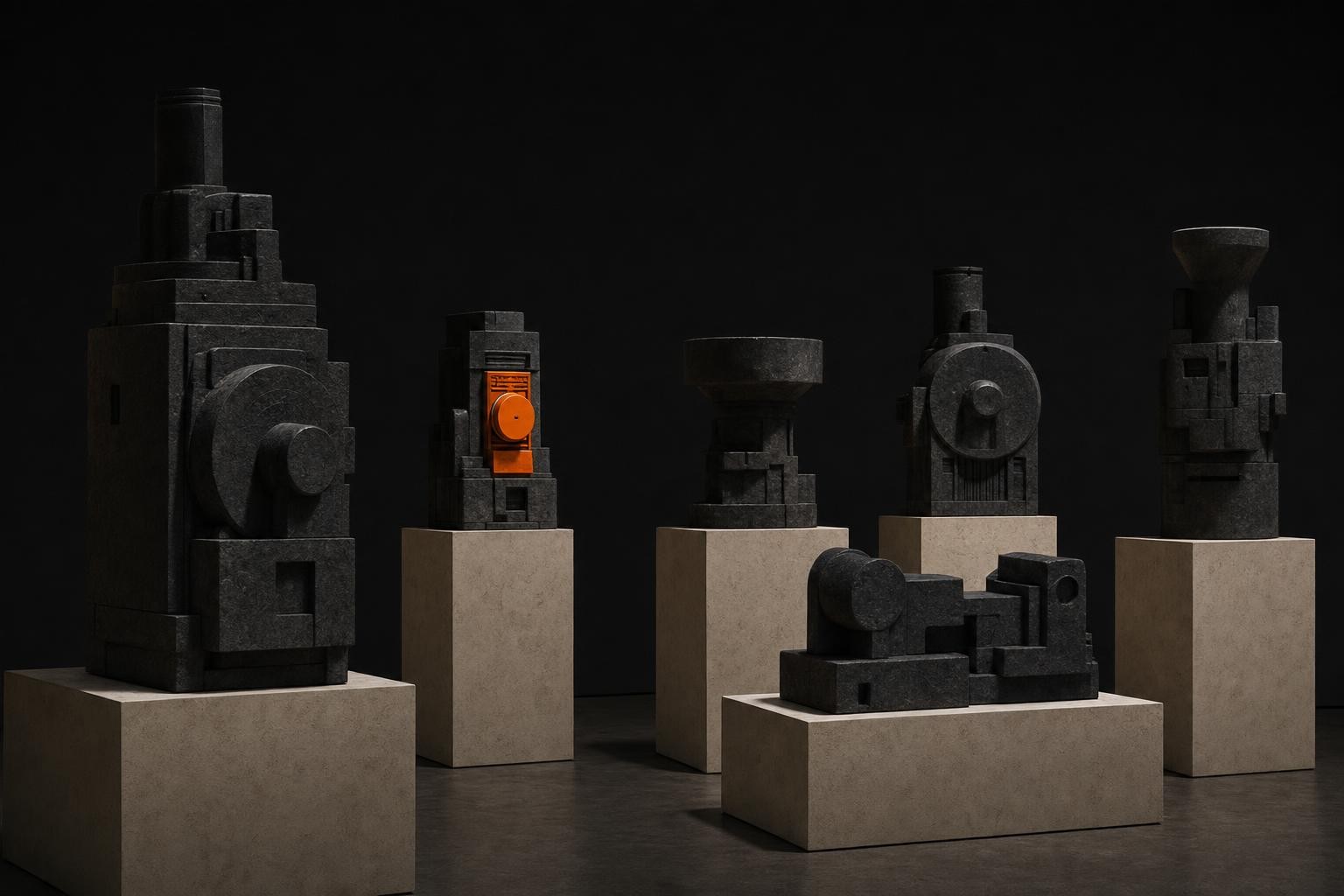 Brutalist machine objects on plinths, one lit orange, on charcoal