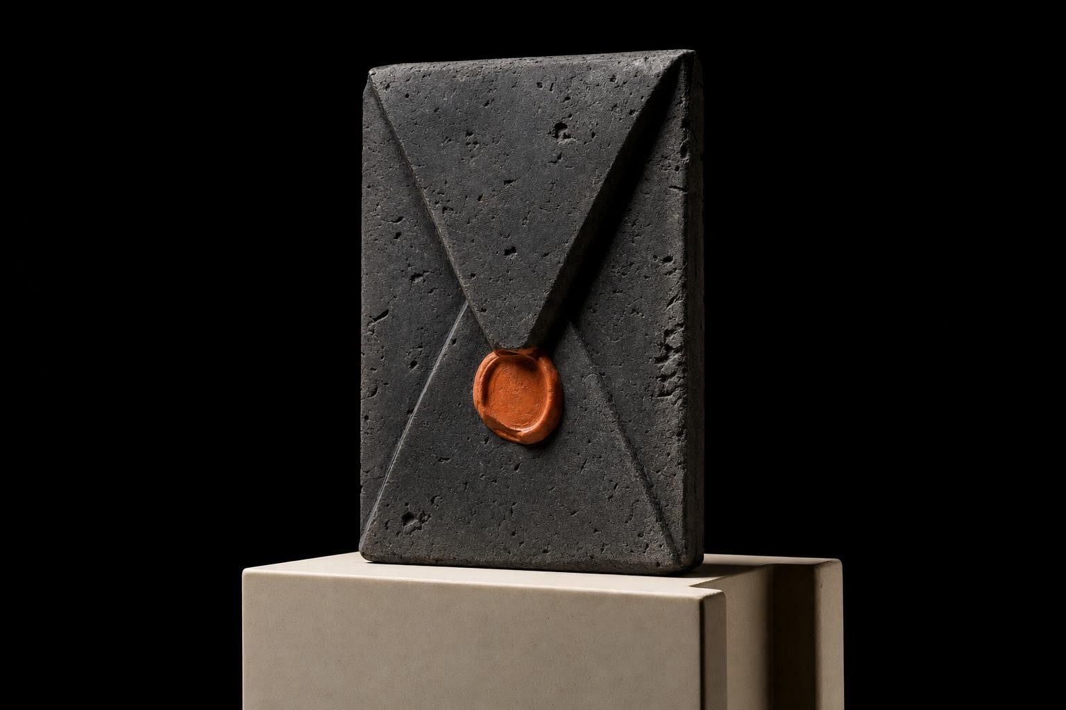 Brutalist stone envelope with an orange wax seal on a pale plinth, on charcoal