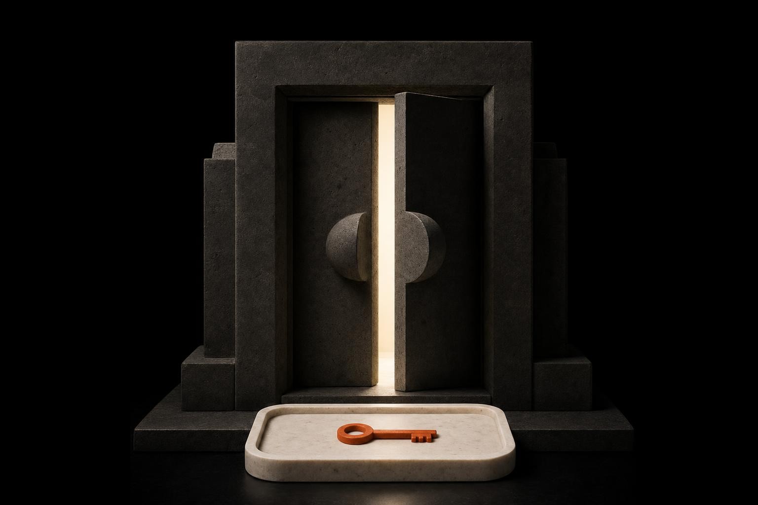 Brutalist doorway object with orange key on charcoal