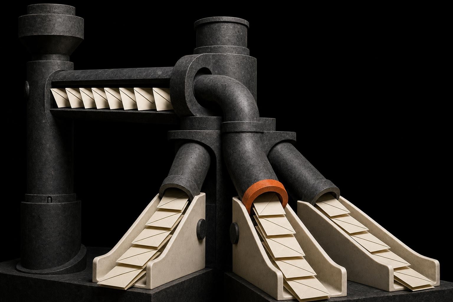Brutalist mail sorter object on charcoal