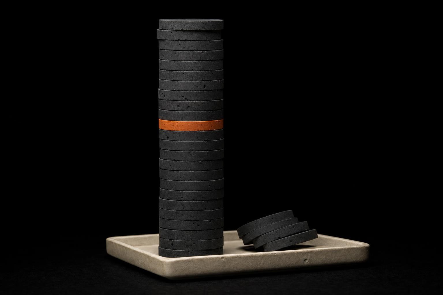Brutalist coin stack object on charcoal