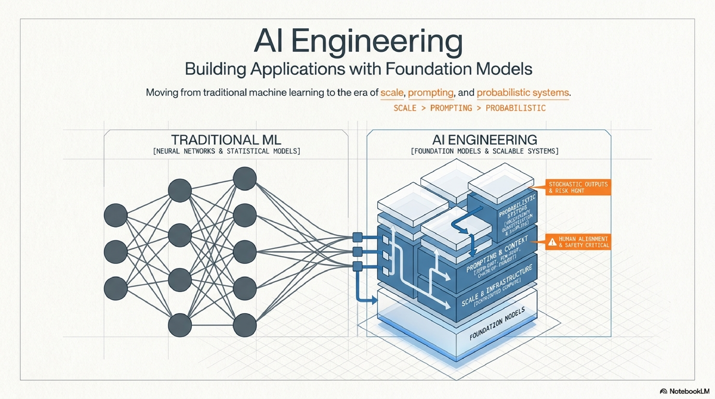 AI Engineering: Building Applications with Foundation Models — title infographic comparing traditional ML to AI Engineering.