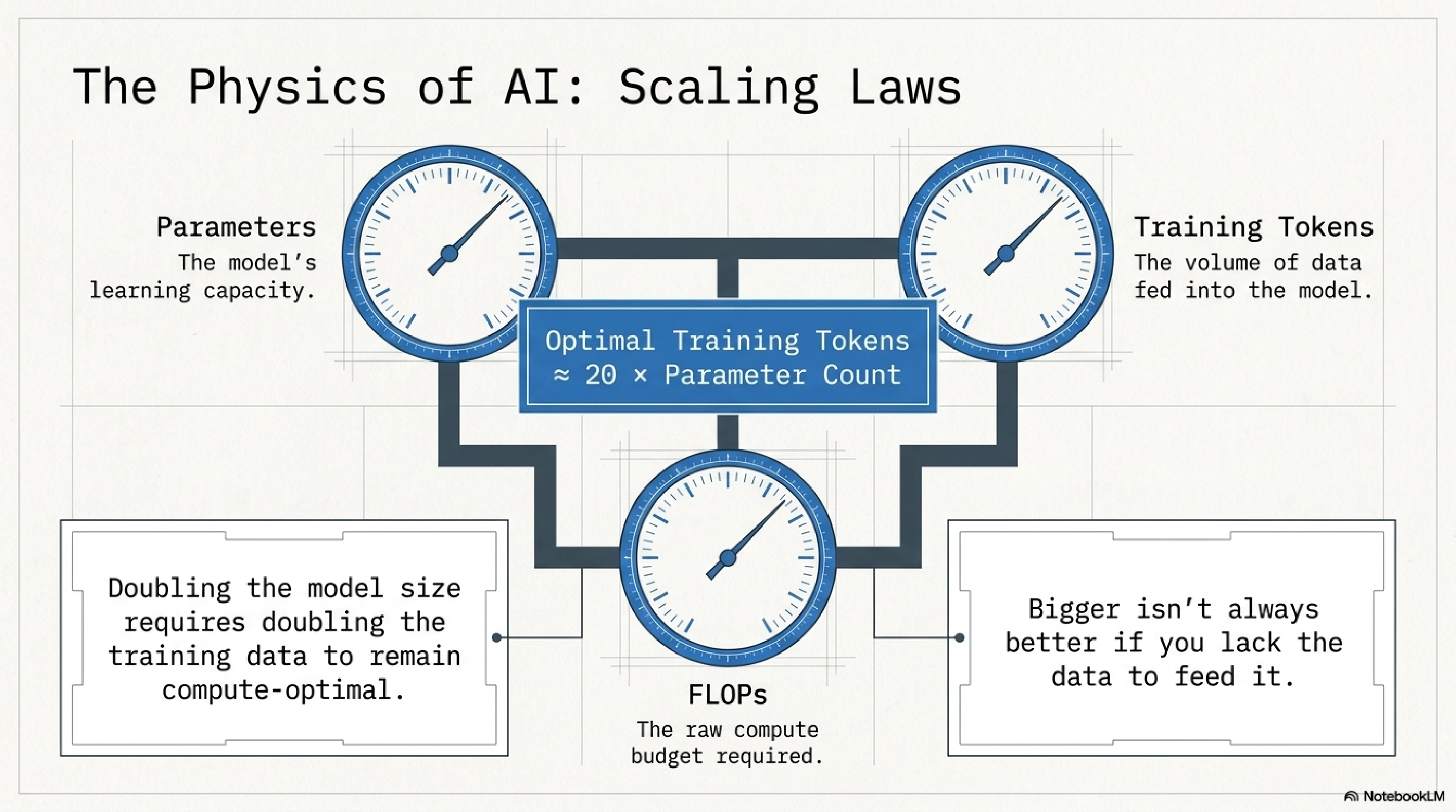 Scaling laws diagram with three gauges labeled Parameters (the model's learning capacity), Training Tokens (the volume of data fed in), and FLOPs (raw compute budget). Center reads: Optimal Training Tokens approximately 20 times Parameter Count. Two captions: Doubling the model size requires doubling the training data to remain compute-optimal, and Bigger isn't always better if you lack the data to feed it.