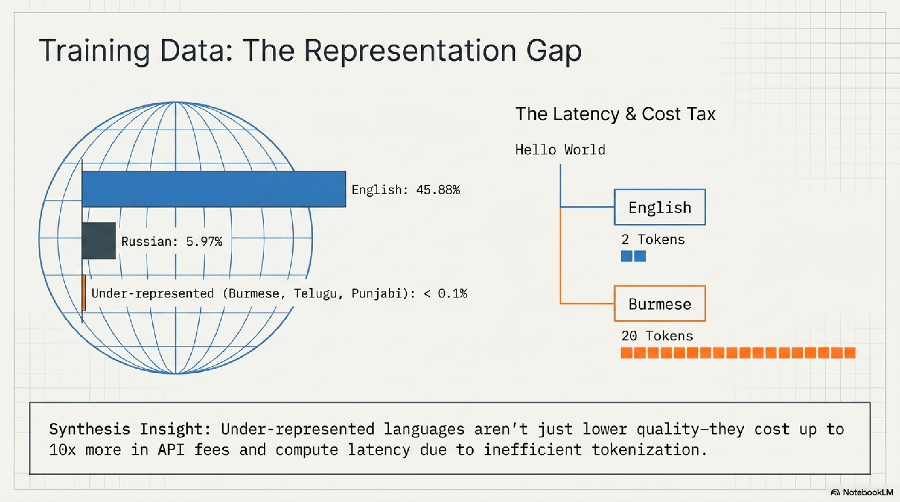 Training Data Representation Gap. English makes up 45.88% of training data, Russian 5.97%, under-represented languages like Burmese, Telugu, and Punjabi less than 0.1%. Tokenization comparison: Hello World is 2 tokens in English, 20 tokens in Burmese. Synthesis insight: Under-represented languages aren't just lower quality, they cost up to 10x more in API fees and compute latency due to inefficient tokenization.