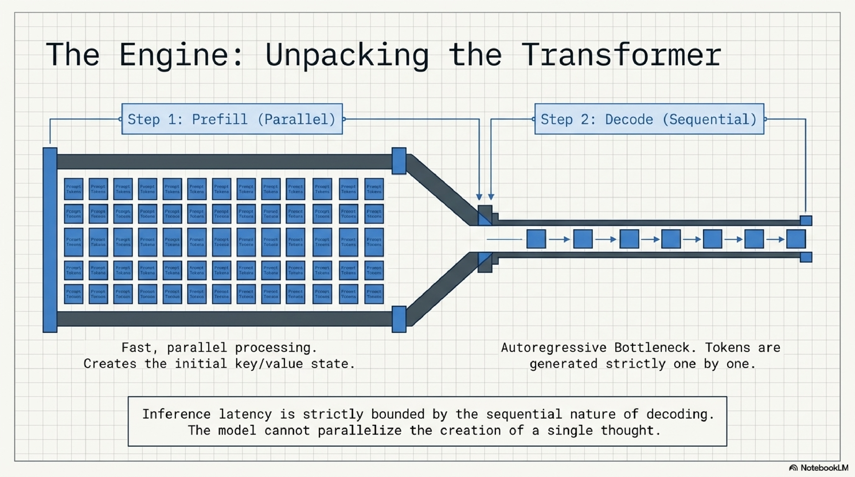 Transformer inference has two phases. Step 1 Prefill is parallel: fast processing that creates the initial key-value state. Step 2 Decode is sequential: an autoregressive bottleneck where tokens are generated strictly one by one. Caption: Inference latency is strictly bounded by the sequential nature of decoding. The model cannot parallelize the creation of a single thought.