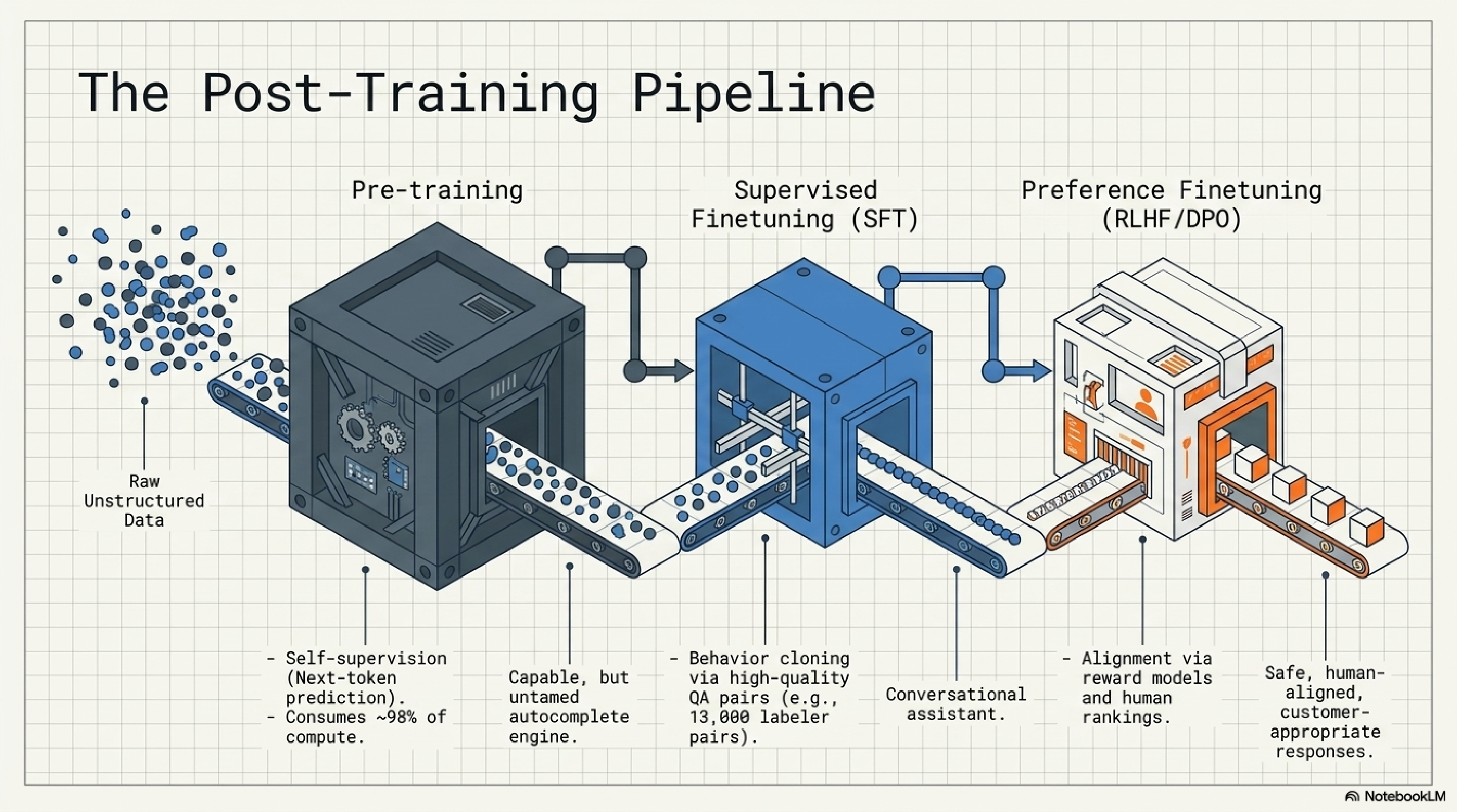 Post-training pipeline as a factory line. Raw unstructured data goes through Pre-training (self-supervision via next-token prediction, consumes about 98% of compute, produces a capable but untamed autocomplete engine). Then Supervised Finetuning (behavior cloning via high-quality QA pairs, around 13,000 labeler pairs, produces a conversational assistant). Then Preference Finetuning RLHF/DPO (alignment via reward models and human rankings, produces a safe, human-aligned, customer-appropriate response model).
