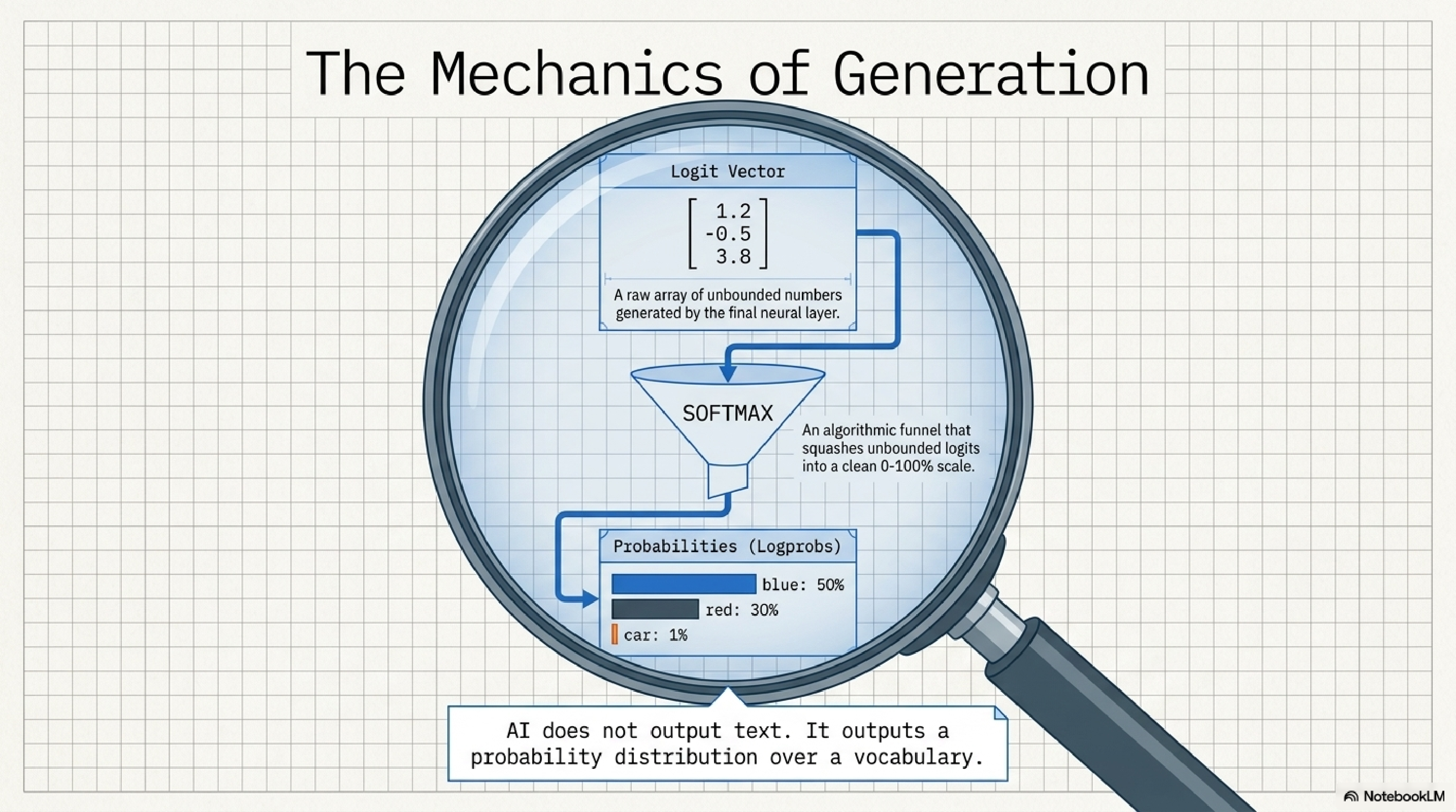 Magnifying glass over a logit vector of raw numbers (1.2, -0.5, 3.8). Arrow to a Softmax funnel that squashes unbounded logits into a clean 0-100% scale. Arrow to a Probabilities (logprobs) bar chart showing blue 50%, red 30%, car 1%. Caption: AI does not output text. It outputs a probability distribution over a vocabulary.