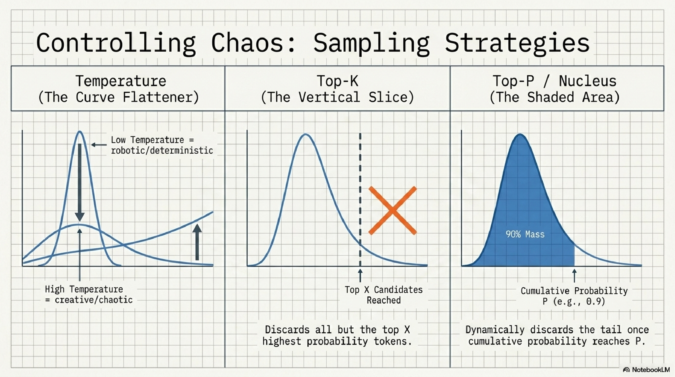 Three sampling strategies as probability distribution charts. Temperature (the curve flattener): low temperature is robotic and deterministic, high temperature is creative and chaotic. Top-K (the vertical slice): discards all but the top X highest probability tokens. Top-P / Nucleus (the shaded area): dynamically discards the tail once cumulative probability reaches P, for example 0.9.