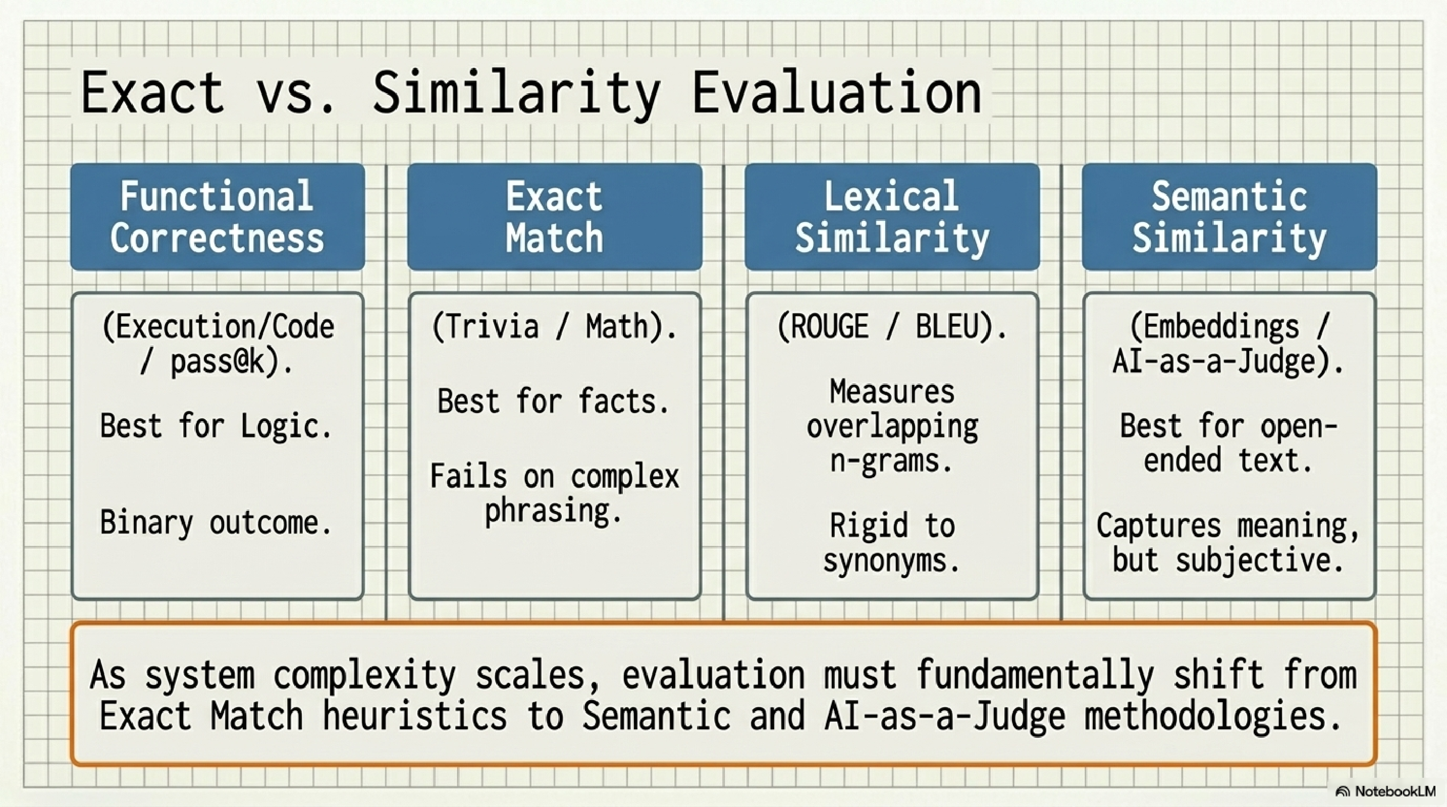 Four evaluation methods compared. Functional Correctness (execution/code, pass@k, best for logic, binary outcome). Exact Match (trivia/math, best for facts, fails on complex phrasing). Lexical Similarity (ROUGE/BLEU, measures overlapping n-grams, rigid to synonyms). Semantic Similarity (embeddings, AI-as-a-Judge, best for open-ended text, captures meaning but subjective). Caption: As system complexity scales, evaluation must fundamentally shift from Exact Match heuristics to Semantic and AI-as-a-Judge methodologies.