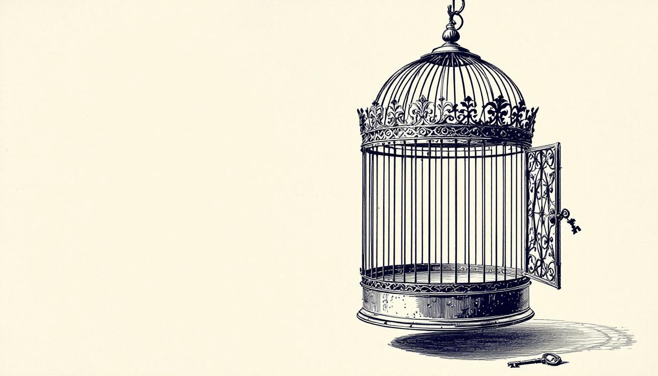 An empty antique birdcage with the door swung wide open, suspended by a thread, a single iron key resting on the cage floor — illustration.